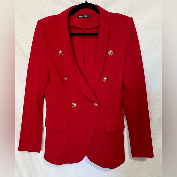 SHEIN Red Suit 👠 Shawl Collar Button Detail Blazer & Pants 6 Medium - Picture 5 of 6